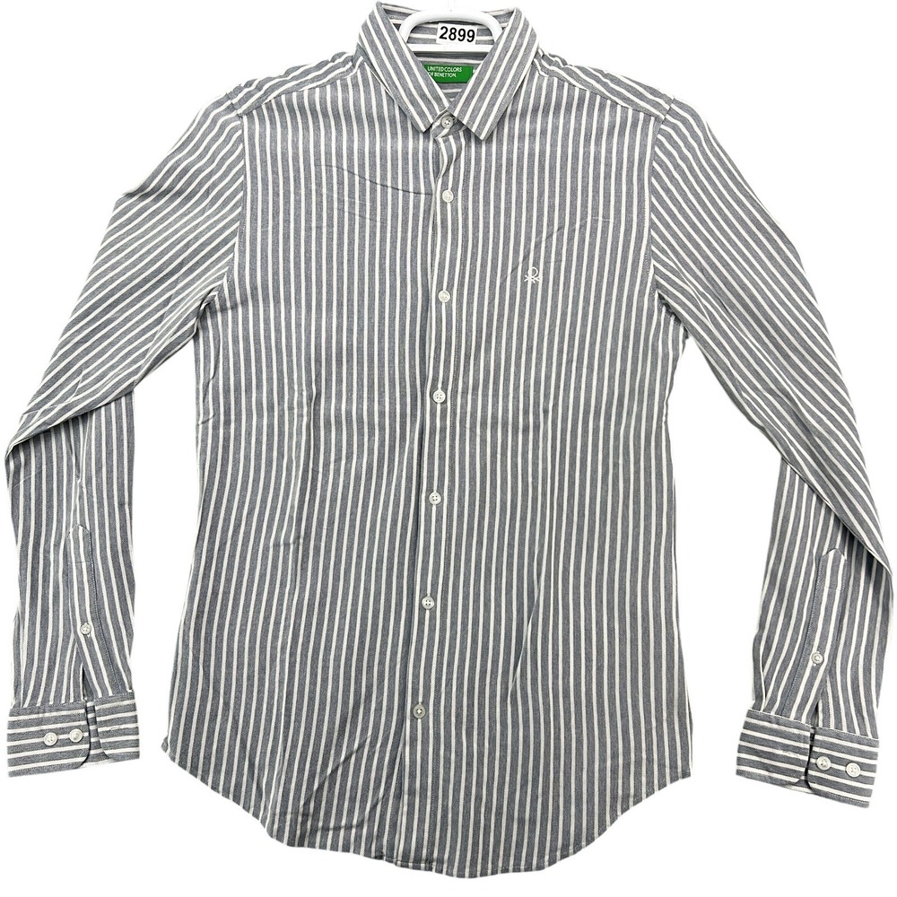 United Colors of Benetton Mens Grey White Striped Pique Long Sleeve Shirt Small